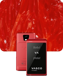 Two red Vasco Translators Q1 shown from the front and back against a vibrant, textured red background. The front screen displays 